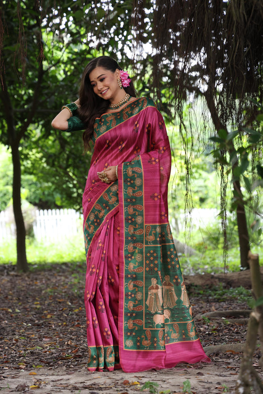 Stiletto Pink Tussar Soft Silk Saree With Blouse Piece