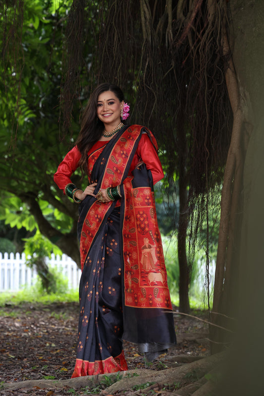 Soot Black Tussar Soft Silk Saree With Blouse Piece