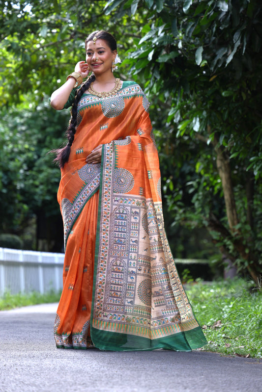 Neon Orange  Beautiful Madhubani Tussar Printed Soft Silk Saree