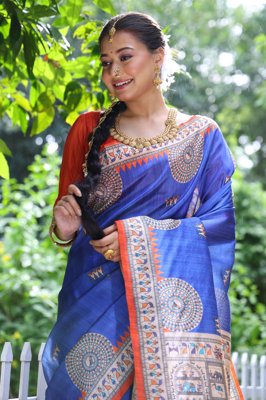 Ink Blue Beautiful Madhubani Tussar Printed Soft Silk Saree