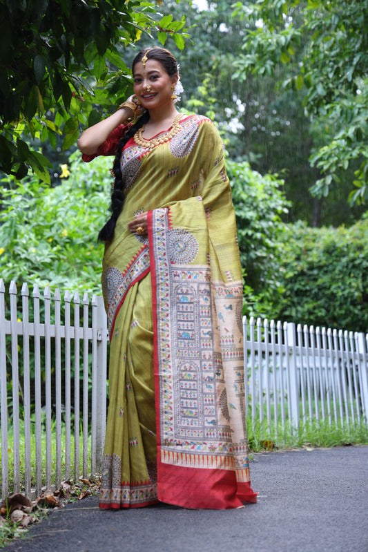 Minion Yellow Beautiful Madhubani Tussar Printed Soft Silk Saree
