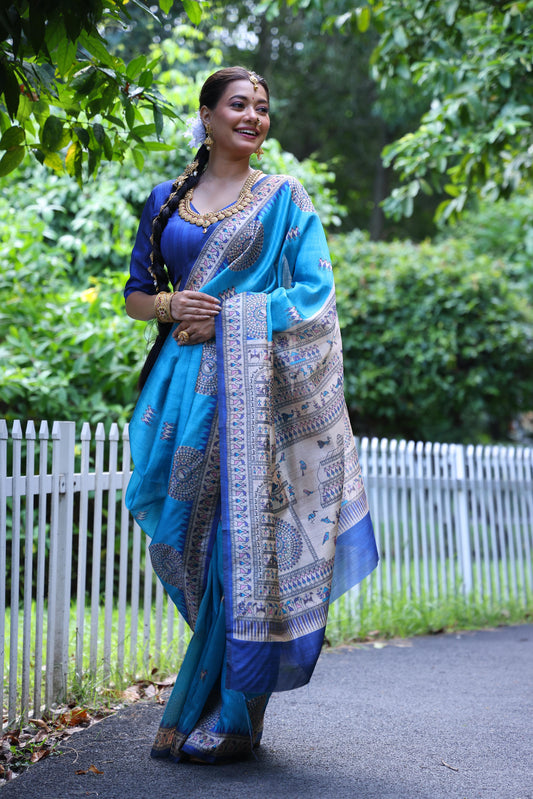 Lapis Blue Beautiful Madhubani Tussar Printed Soft Silk Saree