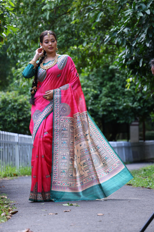Stiletto Pink Beautiful Madhubani Tussar Printed Soft Silk Saree