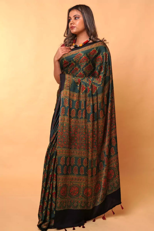 Green Beetel Ajrakh Modal Silk Saree