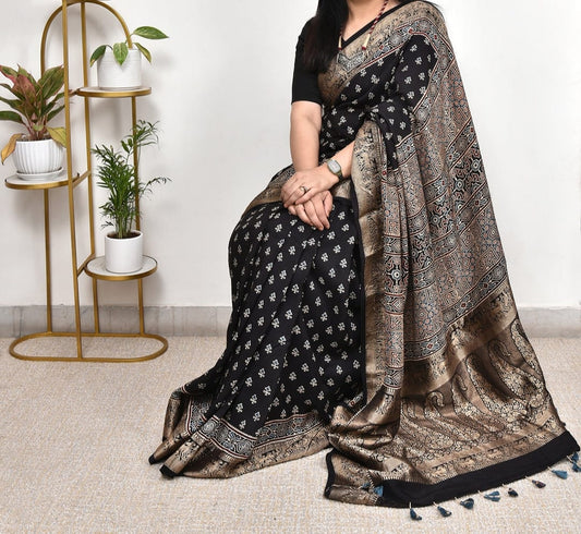 Black Chevron Arrow Ajrakh Modal Silk Saree