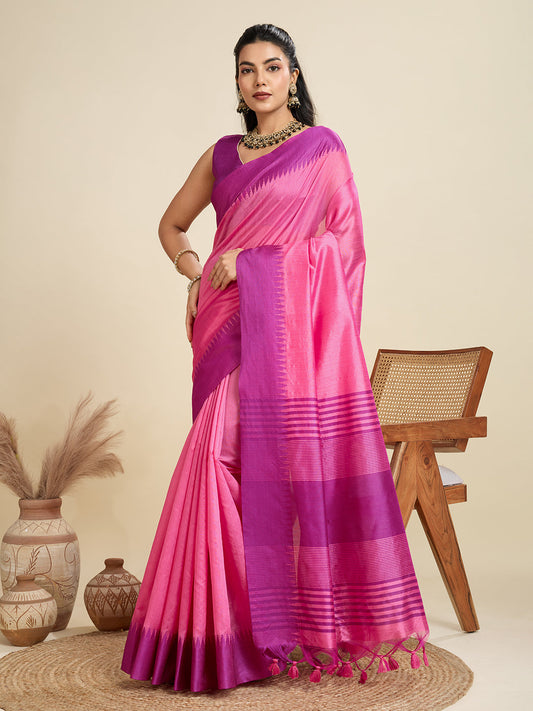 Punch Pink Soft Raw Silk Saree With Contrast Border