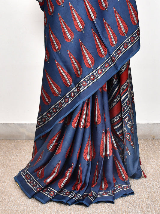 Blue Printed Ajrakh dola silk saree