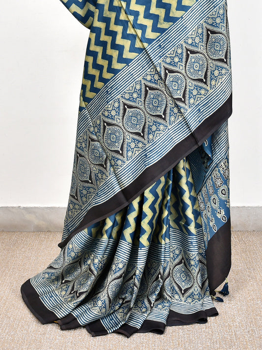 Blue Printed Ajrakh dola silk saree