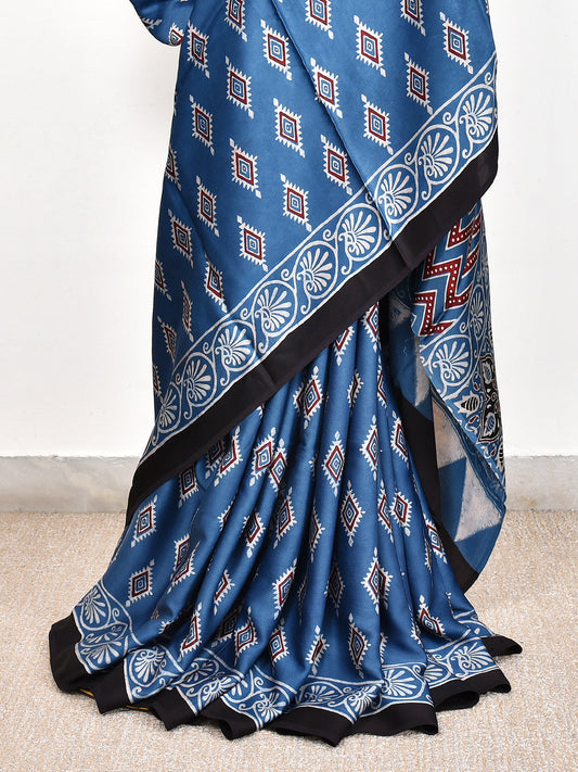 Royal Blue Printed Ajrakh dola silk saree