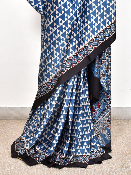Blue Printed Ajrakh dola silk saree