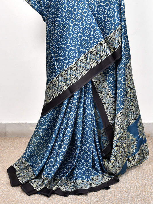 Blue Printed Ajrakh dola silk saree