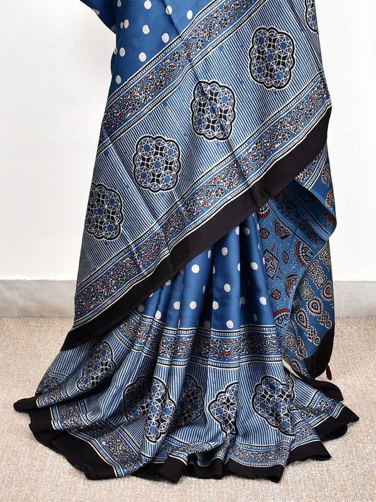 Blue Printed Ajrakh dola silk saree