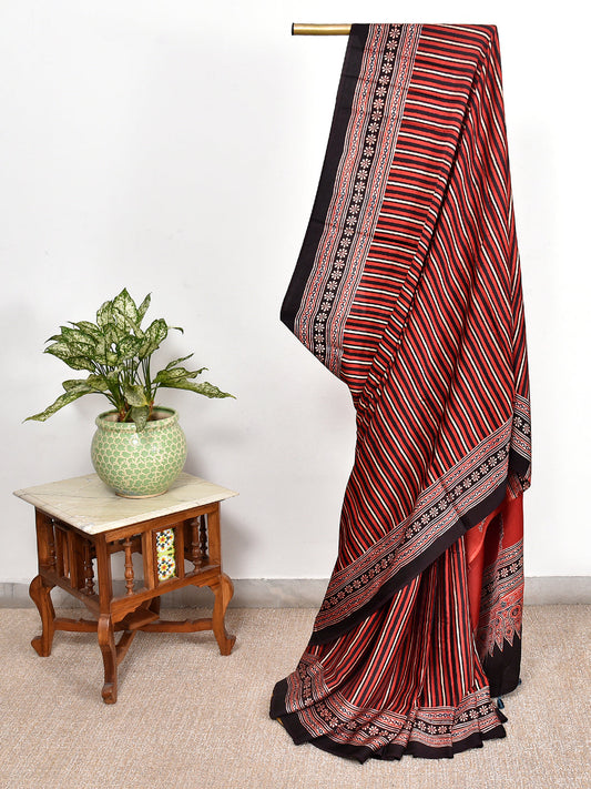 Red Stipe Printed Ajrakh dola silk saree