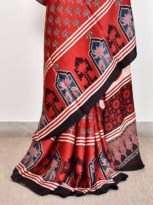 Red Printed Ajrakh dola silk saree
