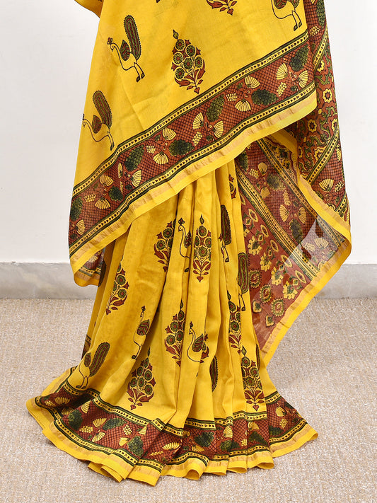 Yellow Printed Ajrakh dola silk saree