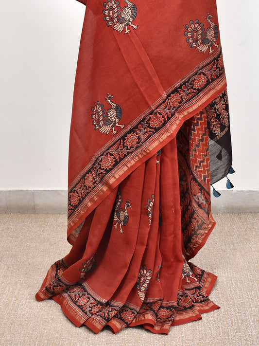 Red Printed Ajrakh dola silk saree
