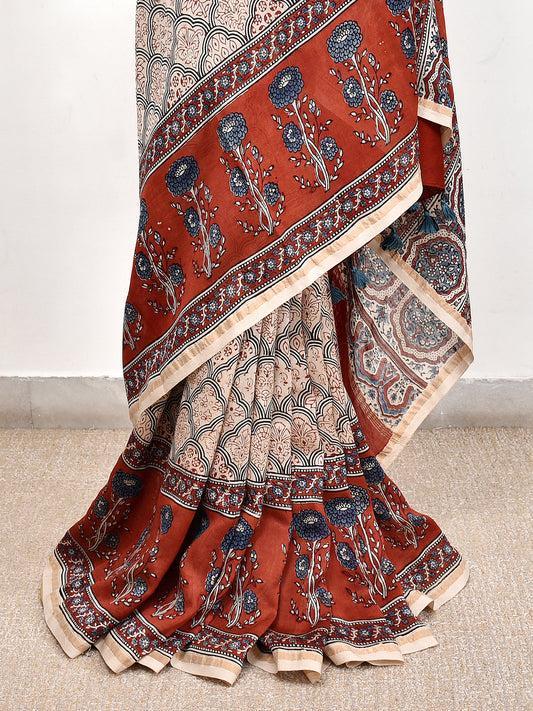 Red And Cream Printed Ajrakh dola silk saree