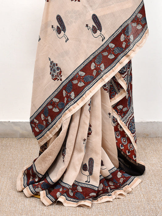 Cream Printed Ajrakh dola silk saree