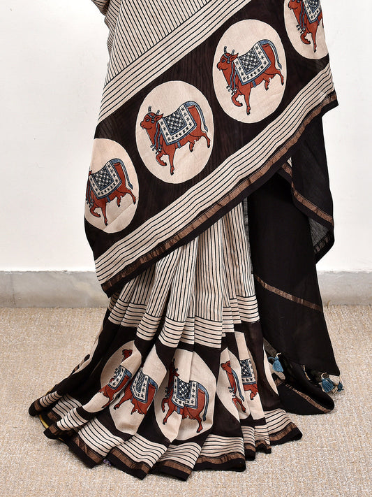 Cream Stipe Printed Ajrakh dola silk saree