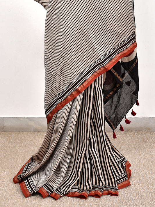 White Stipe Printed Ajrakh dola silk saree