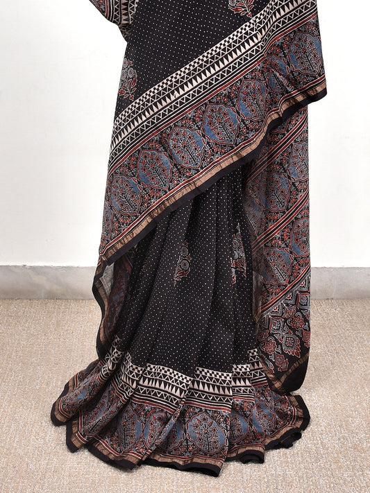 Black Stipe Printed Ajrakh dola silk saree