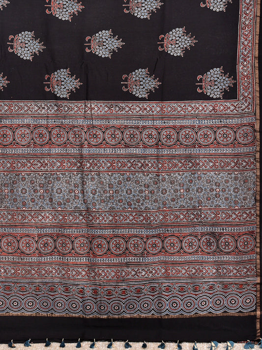 Black Stipe Printed Ajrakh dola silk saree