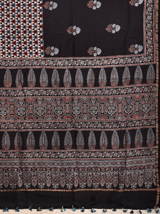 Black Stipe Printed Ajrakh dola silk saree