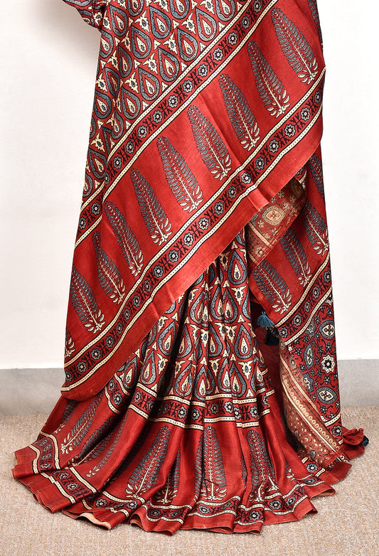 Red Stipe Printed Ajrakh dola silk saree