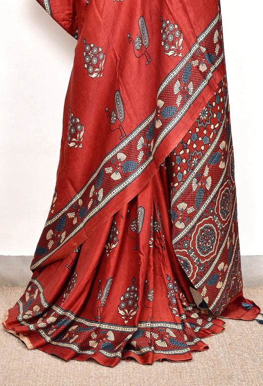 Red Printed Ajrakh dola silk saree