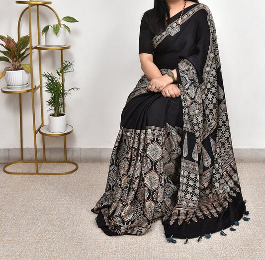 Black Chevron Arrow Ajrakh Modal Silk Saree