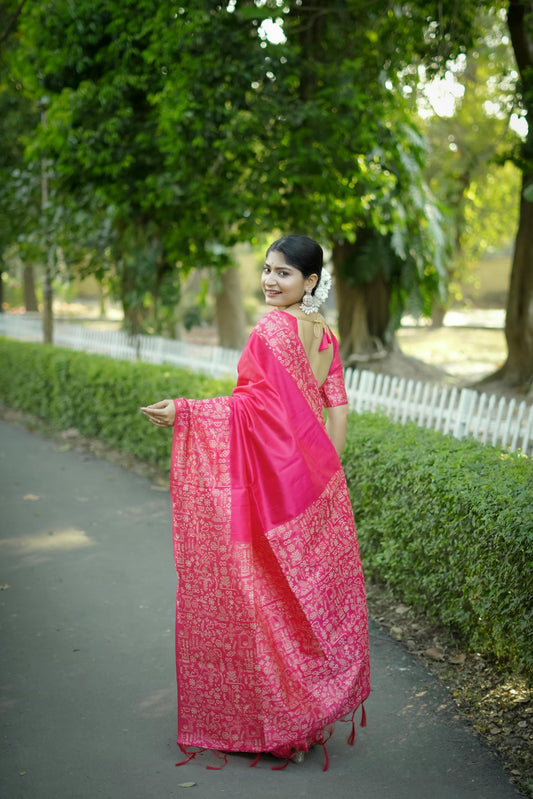 Rouge Pink Handloom Woven Raw Silk Saree With Blouse Piece
