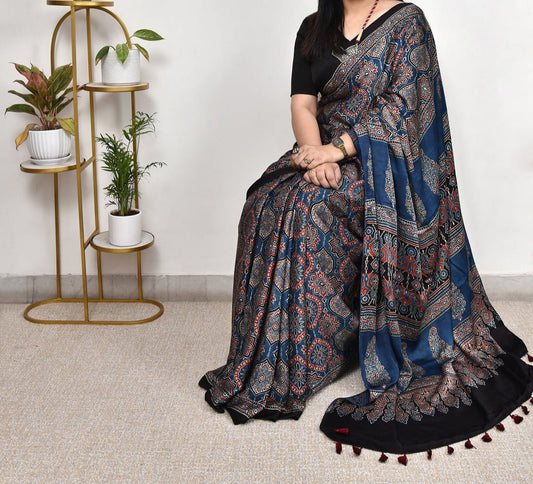 Blue Chevron Arrow Ajrakh Modal Silk Saree
