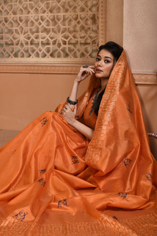 Tiger Orange Handloom Banarasi Raw Soft Silk Saree