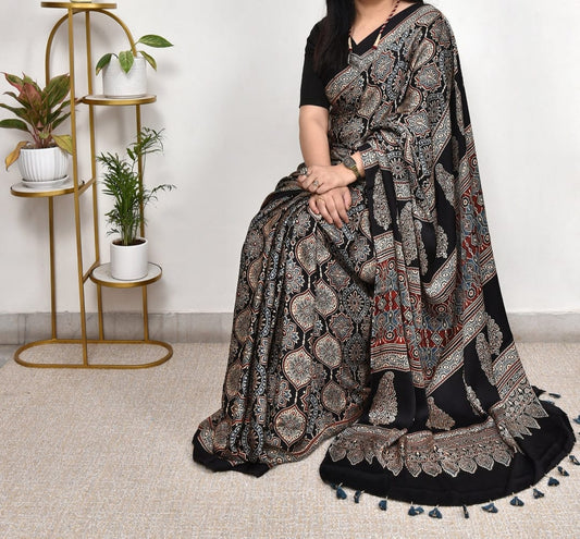 Black Chevron Arrow Ajrakh Modal Silk Saree