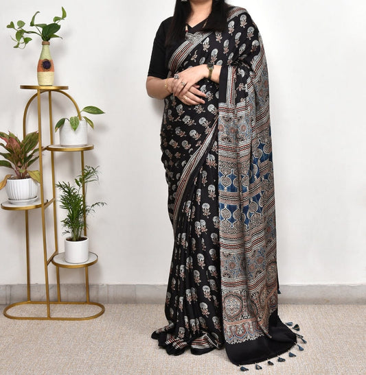 Black Chevron Arrow Ajrakh Modal Silk Saree