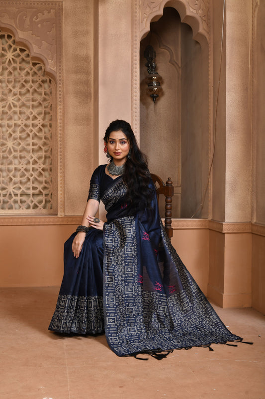 Navy Blue Handloom Banarasi Raw Soft Silk Saree
