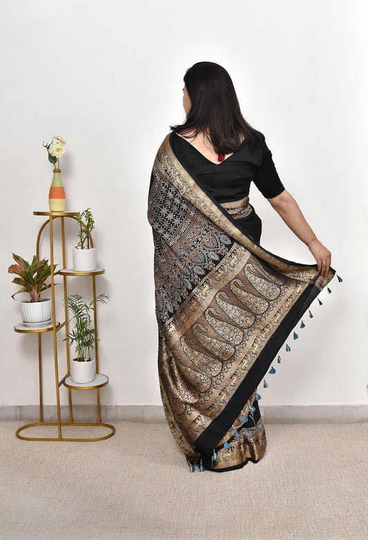 Black Chevron Arrow Ajrakh Modal Silk Saree