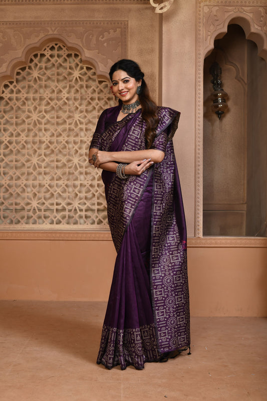 Boysenberry Wine Handloom Banarasi Raw Soft Silk Saree