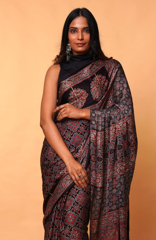 Black Grove Minkundi Ajrakh Modal Silk Saree