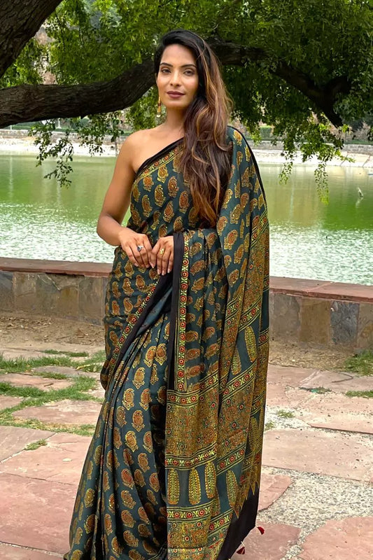 Green Paisley Ajrakh Modal Silk Saree