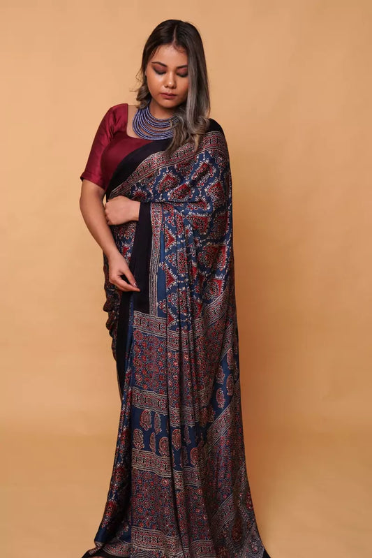 Indigo Beetel Ajrakh Modal Silk Saree