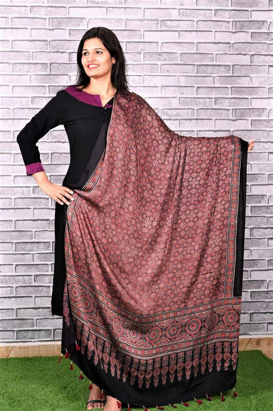 Mahogany Minkundi Modal Silk Ajrakh Dupatta