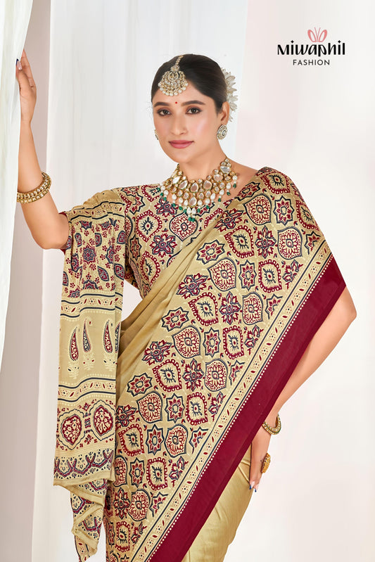 Cream Ajrakh Printed Modal Silk Plain Saree With Ajrakh Blouse