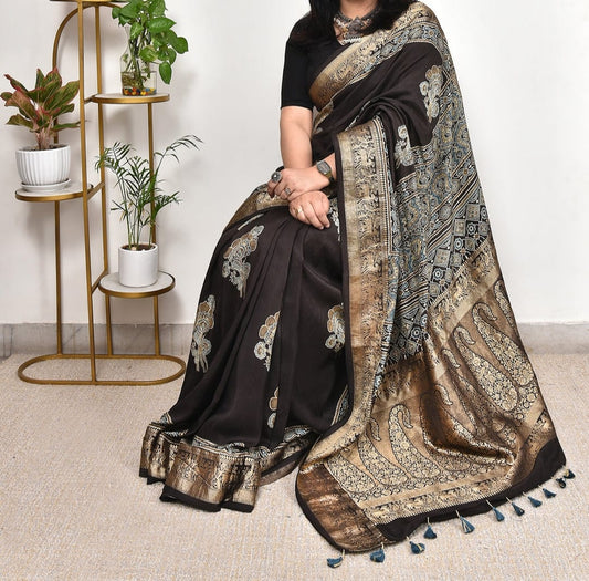 Black Chevron Arrow Ajrakh Modal Silk Saree