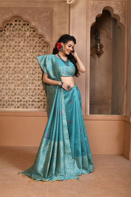 Rainy Blue Handloom Banarasi Raw Soft Silk Saree