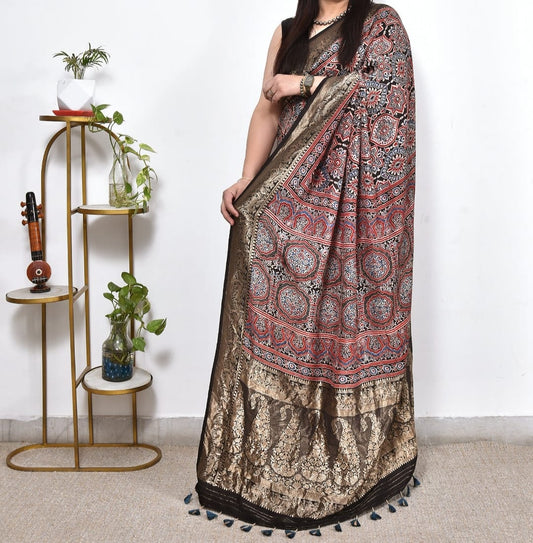 Black Chevron Arrow Ajrakh Modal Silk Saree