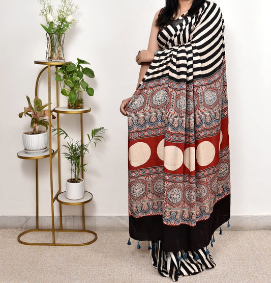 Black And White Strip Chevron Arrow Ajrakh Modal Silk Saree