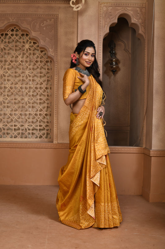 Turmeric Yellow Handloom Banarasi Raw Soft Silk Saree