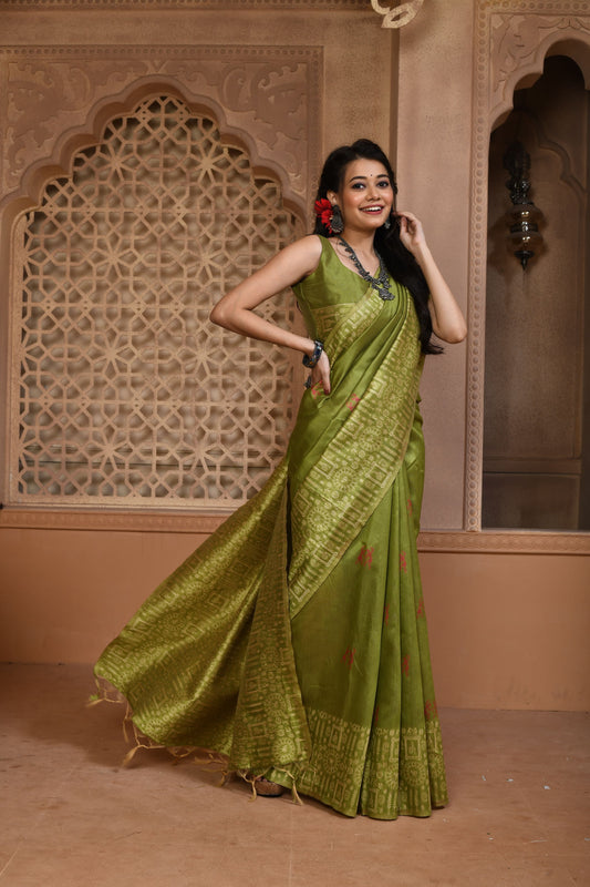 Moss Green Handloom Banarasi Raw Soft Silk Saree