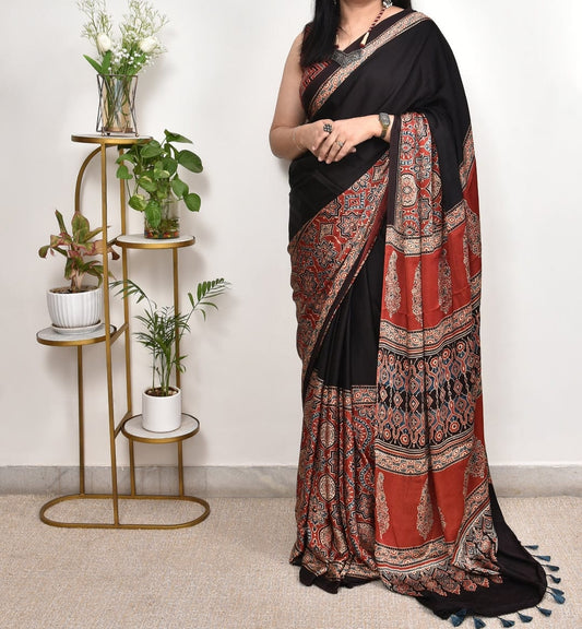 Black Chevron Arrow Ajrakh Modal Silk Saree